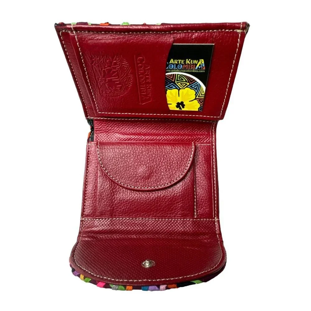 Unique‎ Artisan Handmade Mola Wallet Small Round 100% Leather Arte Kuna Colombia